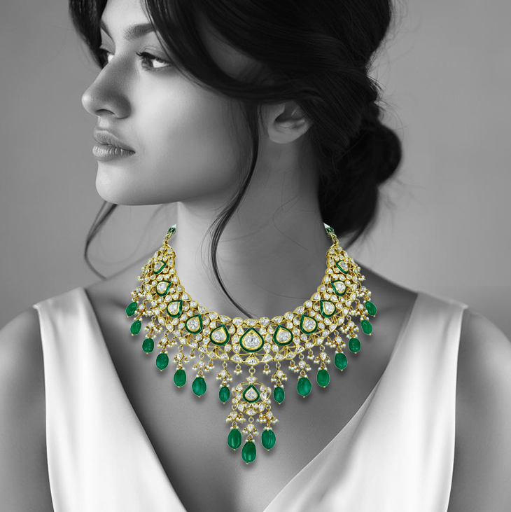 Polki Necklace with Green Enamel and Emerald Maniyas Beads